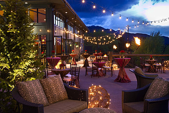 Christmas Party, chairs, tables, light chains, terrace, christmas tree HD wallpaper