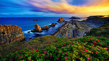 Costa Quebrada, Spain, sea, coast, trees, landscape, clouds, sky, rocks, sunset HD wallpaper