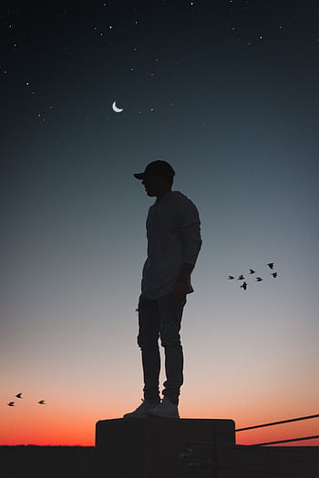 A solitary man stands silhouetted against a serene dusk sky, with a crescent moon and birds overhead. HD phone wallpaper