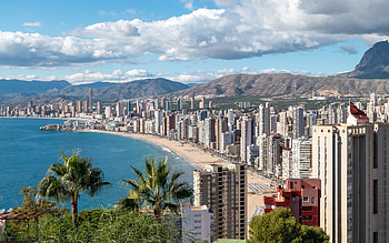 Benidorm, Spain, city, Spain, sea, skyscrapers, clouds, mountains HD wallpaper