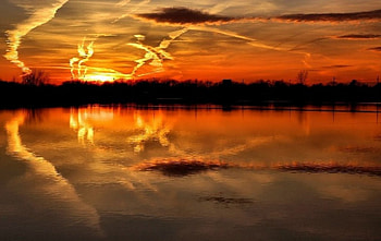 Super Sunset, trees, orange, lake, reflections HD wallpaper
