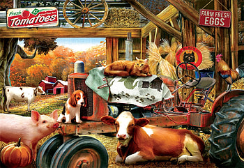 Barnhouse Meeting, cow, puppy, stable, painting, animals, cat, rooster, pig HD wallpaper