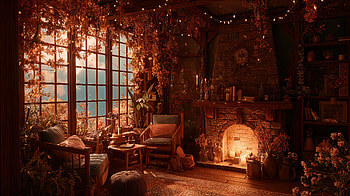 Cozy Autumn Hearth — Ultra, fireplace, window, plant HD wallpaper