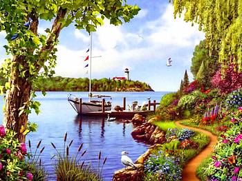 Boat days, boat, ciolorful, spring, serenity, shore, reflection, painting, calm, art, foshing, beautiful, grass, lake, summer, days, rest, sky, flowers, willow HD wallpaper