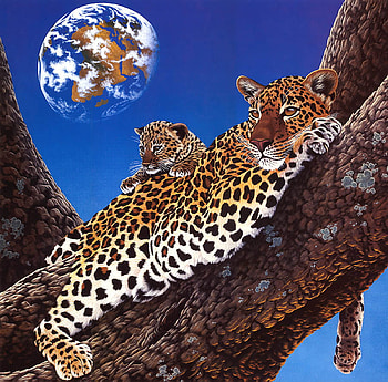 mother lepoard and cub art by William Schimmel, space, lepoard mother, cub, tree HD wallpaper