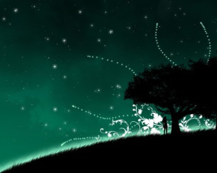 Green Sky, night, vector, hill, silhouette, tree HD wallpaper