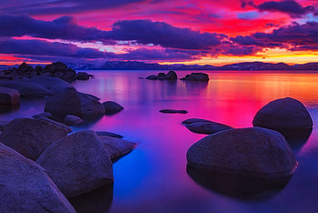 North Lake Tahoe Sunset, colorful, sea, Tahoe, beautiful, rocks, stones, lake, north, reflection, evening, sunset HD wallpaper