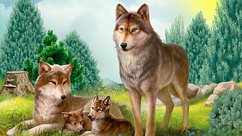 Wolf Family, nature, wolves, pups, artwork, painting, trees HD wallpaper