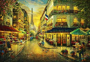 Paris Café, eiffel tower, tables, street, houses, people, shops, restaurant, chairs, artwork, painting HD wallpaper