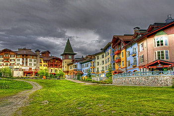colorful facades on a hotel resort, hotel, clouds, colors, resort, facade HD wallpaper
