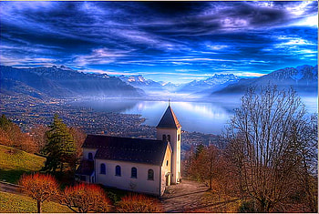 Church in the valley, blue clouded sky, valley, trees, autumn, church, lake HD wallpaper