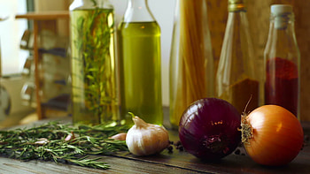 Food ingredients, Kitchen table, Rosemary herb, Garlic and onion HD wallpaper