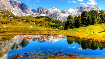 Sunny Day In The Mountains, water, pond, reflections, trees, landscape, sky HD wallpaper