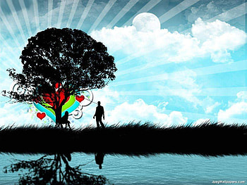 Man With Tree, moon, hearts, clouds, sky, water, tree HD wallpaper