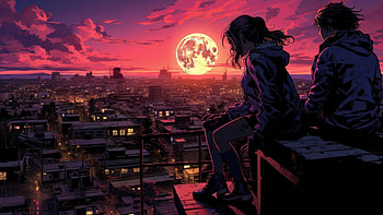 Roofscape Harmony Two Friends Absorb The Blood Moon Aura, artist, artwork, digital-art HD wallpaper