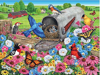Babies in the mailbox, blue, flowers, birds, saftey, puzzle HD wallpaper
