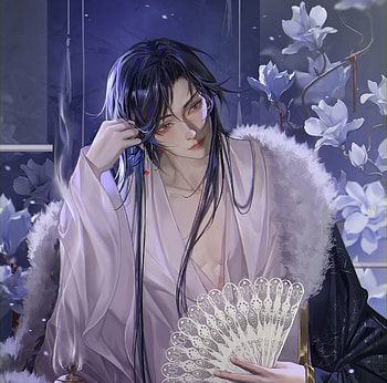 Magnolia Prince, fantasy, asian, prince, man, evantai, star cg, spring, magnolia, purple, hand fan, flower HD wallpaper