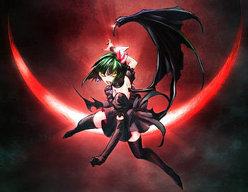 original, moon, short hair, green hair, green eyes, dress, demon HD wallpaper