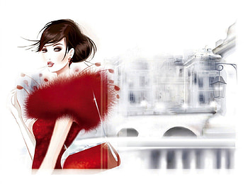 Lady in Red, lady, fashion, lamp, red, bridge HD wallpaper