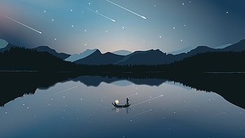 Boat Mountains Starfall Sky Background Minimalism HD wallpaper