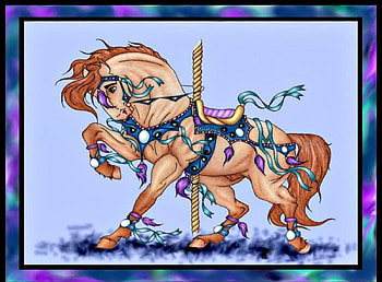CAROUSEL HORSE BY ALONSOS, blue, horses, framed, animals, drawings, creature, vintage, carousel HD wallpaper