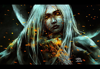 Beneath the Waves, yellow eyes, shadow, abstract, 3d, white hair, long hair, woman, dark HD wallpaper
