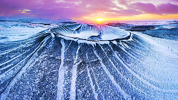 Hverfjall in Iceland -with a Sunset over Myvatn in the background, sunset, snow, colors, clouds, volcano, landscape, sky HD wallpaper