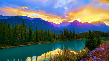 Rockies at sundown near Banff, clouds, trees, sky, alberta, canada, water, mountains, reflections, sunset HD wallpaper
