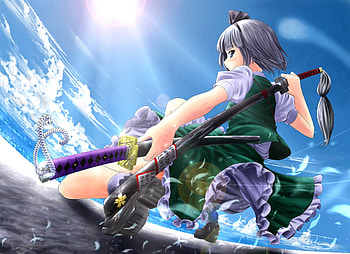 Konpaku Youmu, sexy, sword, hot, sunrise, anime girl, touhou, cool, sky, katana, hairband, cloud, female HD wallpaper