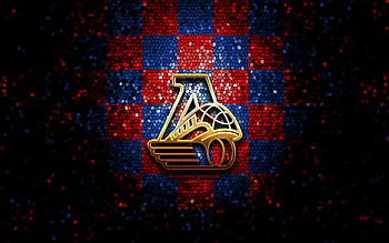 Lokomotiv Yaroslavl, glitter logo, KHL, red blue checkered background, hockey, Kontinental Hockey League, Lokomotiv Yaroslavl logo, mosaic art, russian hockey team, HC Lokomotiv Yaroslavl HD wallpaper