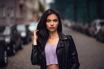 Cute, woman model, leather jacket HD wallpaper