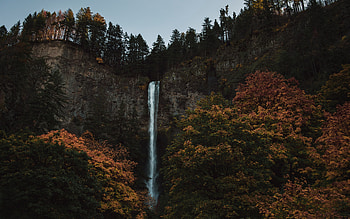 waterfall, evening, sunset, rock, autumn, waterfall in autumn, autumn landscape HD wallpaper