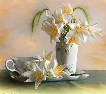 Invitation to tea, pastel, invitation, table, white, tea, beautifully arranged, soft, vase, colors, cup, still life, flower, lilies, saucer HD wallpaper