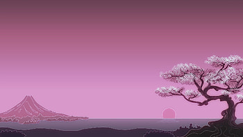 Japenese Mountains Sunset Trees Artwork, artist, mountains, sunset, trees, artwork, pink HD wallpaper