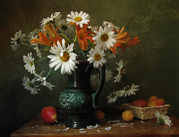 Spring Still Life, still life, white, petals, vase, fruits, spring, orange, daisies HD wallpaper