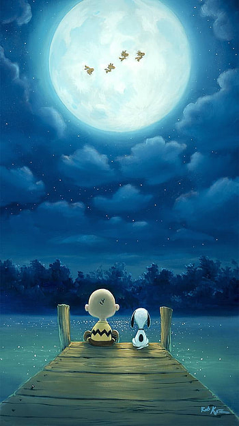 Charlie Brown and Snoopy, moon, pier, Snoopy, cartoon, Comic HD phone wallpaper