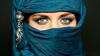 Beautiful eyes, blue, jewel, eyes, face, girl, scarf, woman, beauty HD wallpaper