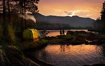 Nature, Girls, Mountains, Lake, Forest, Silhouettes, Evening, Trumpet, Pipe, Tent HD wallpaper