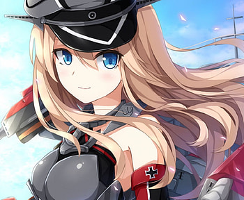 Bismarck Battleship, blue, black, blonde, cute, long hair, beauty, lady, hat, female, sweet, white, grey, girl, woman, anime, red, sky, lovely HD wallpaper