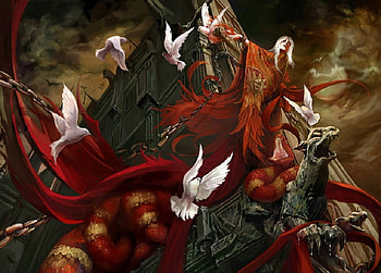 The Sky Castle, chain, robe, fantasy, tower, figure, oriental, doves, gargoyle HD wallpaper