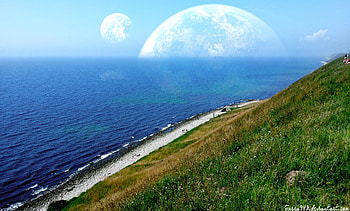 Planet rise at noon, grass, beach, summer, rise, planet, moon, space, sky, ocean HD wallpaper