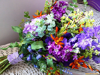 Brightly colored flowers, blue, bouquet, colored, brightly, gift, beauty, different, multicolored, beautiful, fresh, dark orange, purple, pink, freshness, green, yellow, nature, shades, flowers HD wallpaper