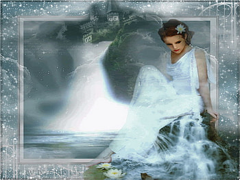 waterfall, lady, white, lonely, tranquil HD wallpaper