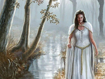 mystery lady, trees, white, flowers, water HD wallpaper