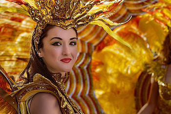 Brasil carnival, yellow, feather, face, girl, orange, vicente concha, woman HD wallpaper
