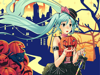 Hatsune Miku, blue, scary, awesome, cute, vocaloid, beauty, nice, miku, halloween, vocaloids, hatsune, aqua eyes, trees, pumpkin, hat, twintail, girl, aqua, beautiful, diva, anime, pretty, aqua hair, cool, idol, virtual HD wallpaper