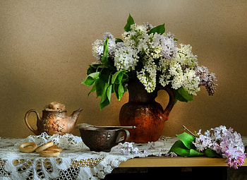 Still Life, flowers, jar, teapot HD wallpaper