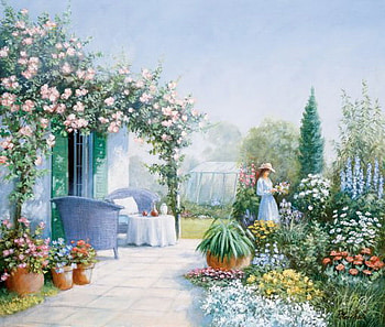 Picking Flowers, table, wicker chairs, plants, greenhouse, lady, lawn, patio, painting, door, trees, flowers, trellis, pots HD wallpaper