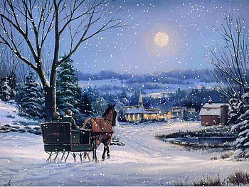 Snow Fall Sleigh Ride, falling, horse, sleigh, moon, snow, houses, pond HD wallpaper
