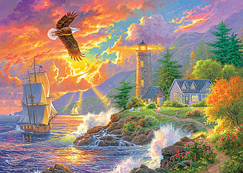 Guided Way Home, sea, sailship, lighthouse, eagle, artwork, painting, clouds, sky, sunset HD wallpaper
